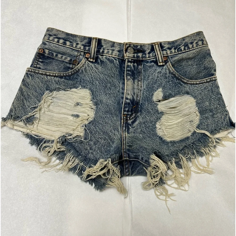 Levi's Distressed Denim Cutoff Shorts with American Flag Pocket - Picture 7 of 7